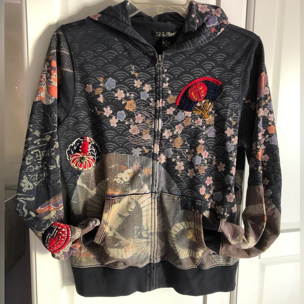 Y2K*VINTGE*LUCKY BRAND SWEATSHIRT/HOODIE*ASIAN*RAISED EMBROIDERY*GEISHA* MSRP278